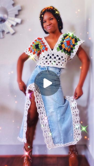 Ashlee Elle. | An Even Newer Way ✨🌿🧶 Had a completely different concept for an #upcycle for these jeans. Though it didn’t come out the way that I... | Instagram Granny Square Jeans, Crochet Upcycle, Crochet School, Granny Square Top, Square Top, Upcycle Jeans, Crochet Skirt, Crochet Tops, Crochet Handmade