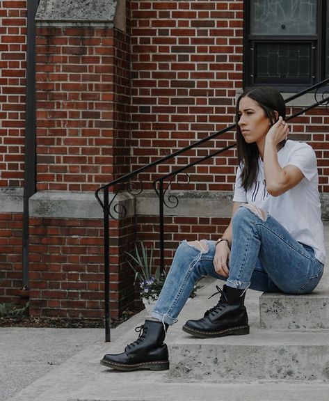 Woman in jeans and dr martens doc martens Combat Boots With Jeans, Jeans And Dr Martens, Woman In Jeans, Combat Boot Outfits, Doc Martens Outfits, Martens Outfit, Dr Martens Outfit, Doc Martens Outfit, Jean Skirt Outfits