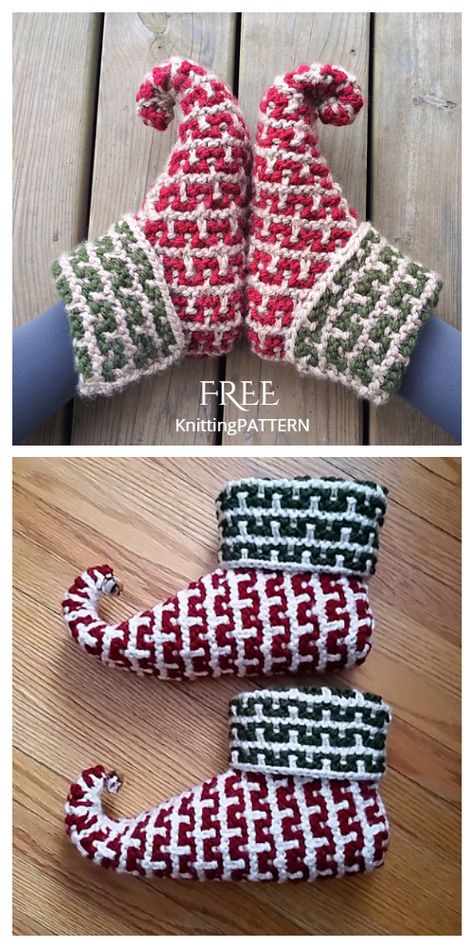 Knit Elf Slippers Free Knitting Patterns - Knitting Pattern Knitting Patterns For Christmas, Slippers Knitting Pattern, Holiday Knitting Patterns, Knitted Crafts, Christmas Socks Pattern, Crochet Elf Hat, Christmas Knitting Projects, Elf Slippers, Christmas Knitting Patterns Free