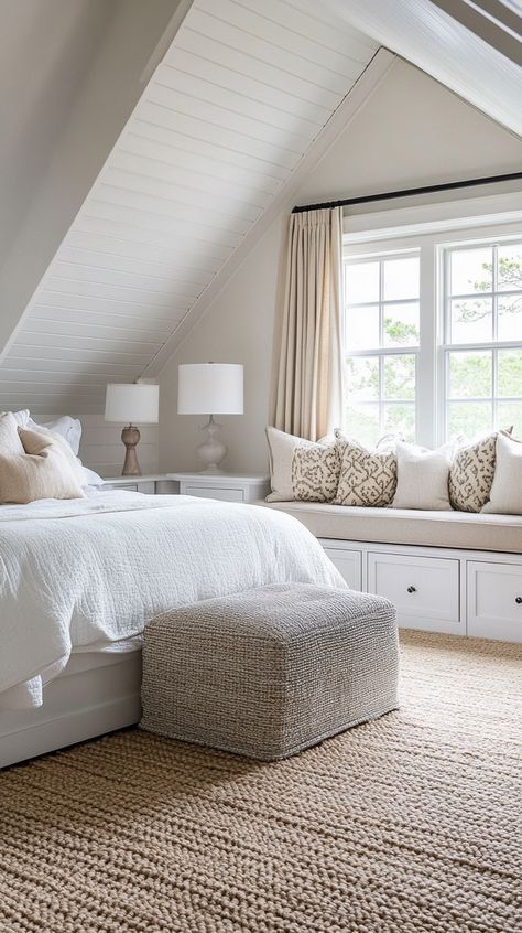 Attic Décor Inspiration: Creative Ideas for Transforming Your Attic Space - Remodr Extending Ceiling Into Attic, Attic Renovation Bedroom, Cape Cod Attic Bedroom, Attic Airbnb, Master Attic Bedroom, Attic To Bedroom Conversion, Low Attic Ideas, Cottage Attic Bedroom, Attic Master Suite Angled Ceilings