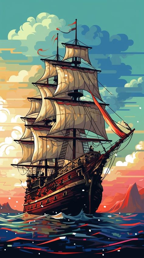 Old Sailing Ships Paintings, Old Ship Drawing, Ghost Ship Art, Ship Drawings, Pirate Ship Drawing, Ship Wallpaper, Ships At Sea, Pirate Ship Art, Navi A Vela