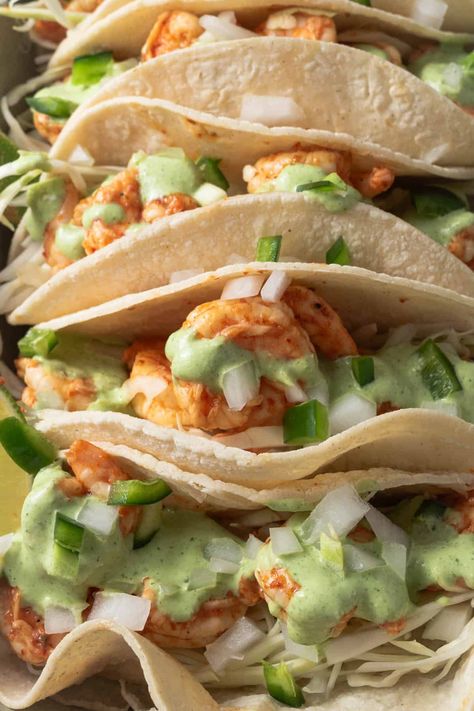 Chili Lime Shrimp Tacos with Tajín & Cilantro Lime Sauce - Mandi of the Mountains Shrimp Taco Seasoning, Lime Shrimp Tacos, Cilantro Lime Crema, Chili Lime Shrimp, Chili Shrimp, Lime Crema, Cooked Shrimp, Cilantro Lime Sauce, Lime Shrimp