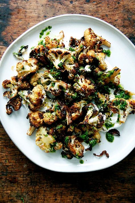 Roasted Cauliflower with Skhug and Lemony Yogurt Sauce - Alexandra's Kitchen Joshua Mcfadden Recipes, Roasted Squash, Green Sauce, Delicious Vegetables, Yogurt Sauce, Roasted Butternut Squash, Roasted Carrots, Roasted Cauliflower, Vegetable Dishes