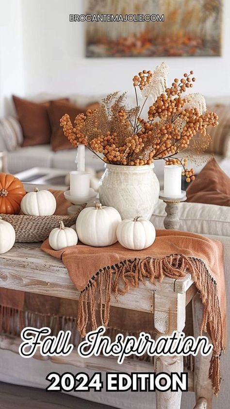 Get ready to fall in love with autumn with our comprehensive guide to fall decor ideas for 2024. This ultimate guide provides inspiration for decorating every room, including the bedroom, living room, kitchen, and front porch. Discover cozy and stylish decorations like wreaths, centerpieces, pumpkins, and pillows. Embrace the season with the best fall decorating tips and inspiration for 2024. Fall Pumpkin Decor Living Room, French Country Autumn Decor, Indoor Fall Decor Ideas Farmhouse, Fall Decor With Pinecones, Fall Accent Table Decor, Fall Modern Farmhouse Decor, Fall Pillow Decor On Couch, Fall Dining Room Centerpiece, Sunflower Living Room Ideas