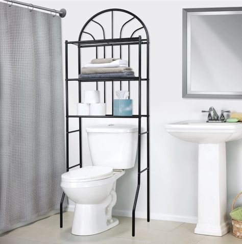 Bathroom Decor Mistakes - Over The Toilet Storage | The DIY Playbook Over The Toilet Rack, Toilet Storage Rack, Shelves Over Toilet, Bathroom Shelf Organization, Bathroom Shelves Over Toilet, Over The Toilet Storage, Bathroom Space Saver, Toilet Shelves, Over The Toilet