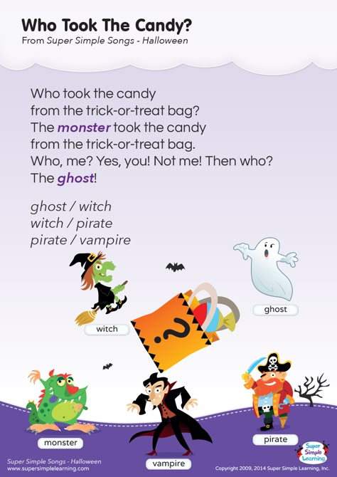 Who Took The Candy? Lyrics Poster | Super Simple Halloween Poems For Kindergarten, Halloween Curriculum, Candy Nursery, Halloween Nursery Rhymes, Songs For Preschool, Kindergarten Esl, Toddler Songs, Halloween Poems, Halloween Lesson