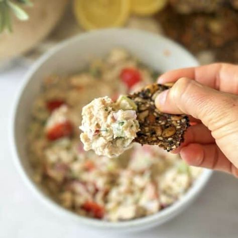 Quick Mediterranean Tuna Salad with No Mayo (Healthy) - Mallory the Dietitian Asian Crunch Salad, Creamy Tuna Salad, Chickpea Cucumber Salad, Tuna Salad No Mayo, Chickpea Cucumber, Mediterranean Tuna, Mediterranean Tuna Salad, Classic Tuna Salad, Mediterranean Recipe