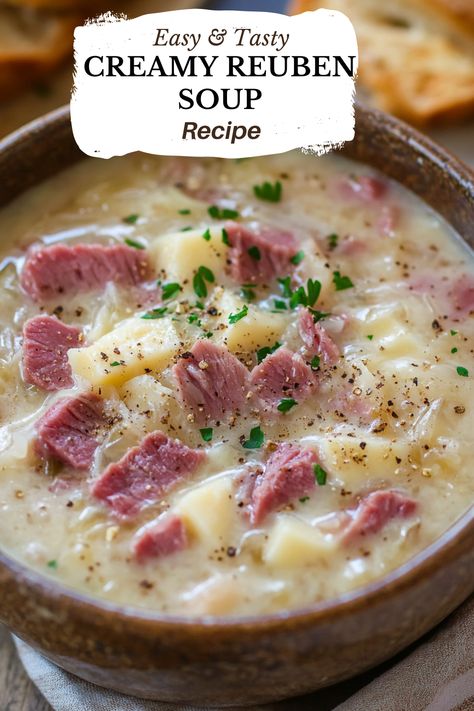 Creamy Reuben Soup - An Organized Chaos Ruben Soup Creamy, Ruben Soup, Unique Soups, Reuben Soup Recipe, Creamy Reuben Soup, Reuben Soup, Classic Reuben Sandwich, Sauerkraut Soup, Easy Taco Soup