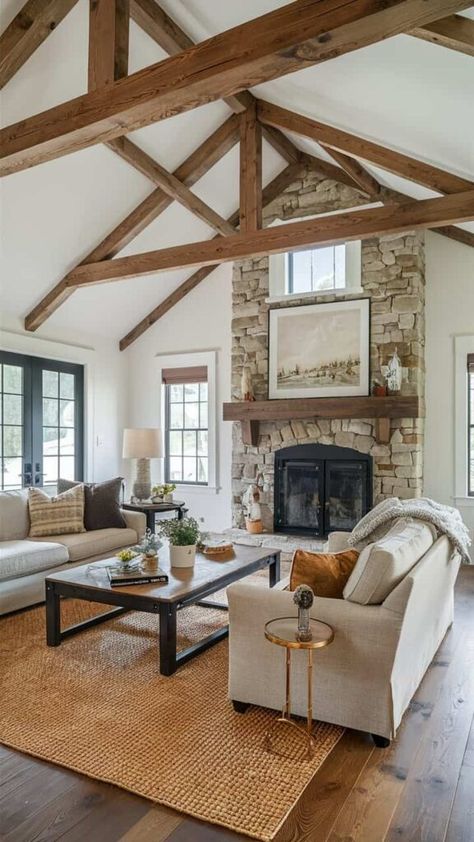 20 Easy Farmhouse Living Room Decor Ideas Family Room With Cathedral Ceiling, Vaulted Beam Ceiling, Peaked Ceiling Living Room, High Vaulted Ceilings Living Room, Beams In Living Room, Living Room Beams, Tall Ceiling Living Room, Great Room Addition, Vaulted Ceiling Beams