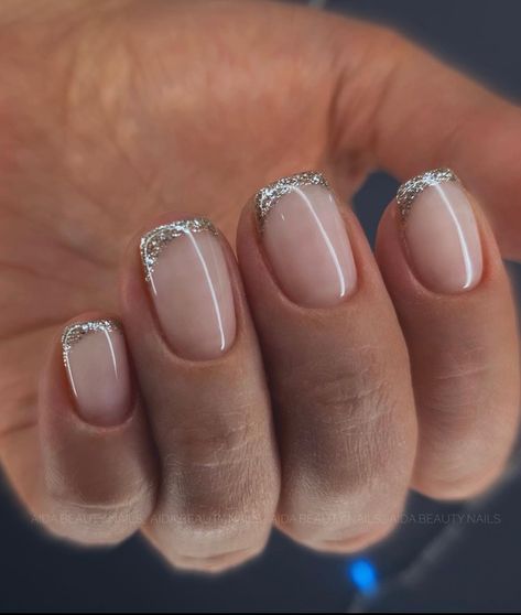 Pink Nails Silver Tips, Sparkly French Dip Nails, Short Nail Glitter Tip, Simple Silver Nails Short, French Manicure With Silver Tips, Silver Glitter French Tip Nails Square, Sparkle Tip Nails Glitter, Silver Biab Nails, Subtle Silver Nails