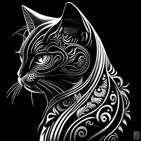 Circle Cat Drawing, Black Cat Coloring Pages, Birman Cat Drawing, Cat Drawing Tattoo, Black And White Cat Tattoo, Stencil Art Ideas, White Cat Tattoo, Black And White Cat Art, Cat Design Art