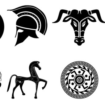 Old Vector Pack of Ancient Greek Designs Greek Shield Design, Symbol Design Art, Greek Graphic Design, Ancient Greek Design, Greece Tattoo, Greek Shield, Greek Drawing, Ancient Greece Art, Greek Symbols