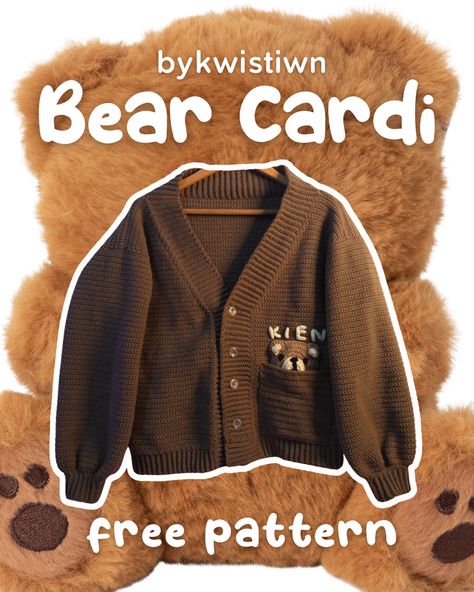 Bear Cardigan (FREE PATTERN) bykwistiwn - Kwistiwn's Ko-fi Shop - Ko-fi ❤️ Where creators get support from fans through donations, memberships, shop sales and more! The original 'Buy Me a Coffee' Page. Jaket Crochet, Sweater Ideas, Cozy Crochet, Mode Crochet, Crochet Design Pattern, Beginner Crochet Projects, Crochet Fashion Patterns, Fun Crochet Projects, Crochet Cardigan Pattern