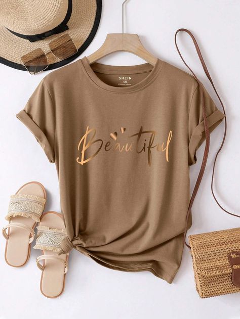 Plus Size Letter Printed T-shirt for Sale Australia| New Collection Online| SHEIN Australia Plus Size Sweater Dress, Cool Shirt Designs, Plus Size Cardigans, Brown Outfit, Latest T Shirt, Plus Size Tank Tops, Swimwear Online, Plus Size Leggings, Trendy Tee