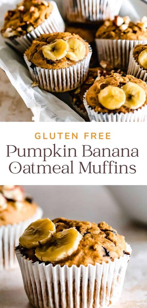 An easy recipe for gluten-free Pumpkin Banana Oatmeal Muffins. Great for breakfast or as a snack, these moist homemade muffins are filled with healthy and yummy ingredients. Paleo Pumpkin Banana Muffins, Gf Pumpkin Banana Muffins, Healthy Pumpkin Banana Oat Muffins, Banana Pumpkin Muffins Gluten Free, Banana Pumpkin Oat Muffins, Pumpkin And Banana Recipes Gluten Free, Pumpkin Banana Muffins Gluten Free, Banana Pumpkin Recipes Healthy, Gluten Free Banana Pumpkin Muffins