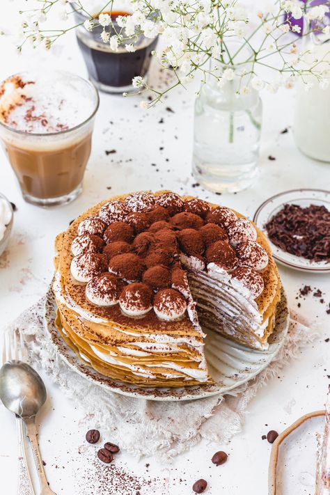 Vegan Tiramisu Crepe Cake - Nourishing Amy Whipped Cream Coffee, Vegan Crepes Recipe, Crepe Cake Recipe, Vegan Crepes, Crab Cake Recipes, Vegan Tiramisu, Pancake Cake, Vegan Gluten Free Desserts, Crepe Cake