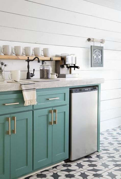 turquoise and gold kitchen cabinet hardware idea Teal Kitchen Cabinets, Color Cabinets, Low Shelf, Magnolia House, Ship Lap, Concrete Countertop, Teal Kitchen, Patterned Tiles, Homemade Furniture