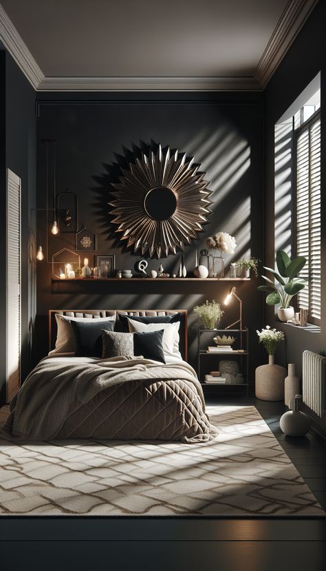 Experience a cozy and modern bedroom, featuring a comfortable bed with wooden headboard, velvet pillows, and a quilted blanket. A sunburst mirror adorns the dark grey wall, while a floating shelf showcases decorative items. Industrial-style lamp provides illumination, with delicate plants in vases adding a touch of nature. Beige and white patterned area rug ties the room together, creating a dark, moody, and dramatic ambiance. Dark Aesthetic Bedroom Ideas, Cozy Industrial Bedroom, Dark Grey Headboard, Dark Aesthetic Bedroom, Plants In Vases, Headboard Velvet, Dark Cozy Bedroom, Dark Grey Walls, Black Rooms