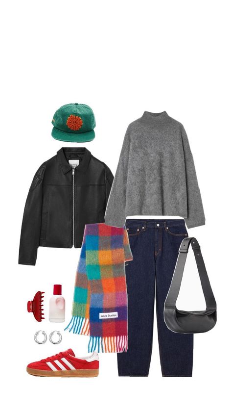 Brighten up a rainy fall day with a relaxed yet fun outfit for Fall 2024! 🌧️

Pair a leather bomber jacket with a basic grey knit and barrel leg dark wash jeans for an effortlessly cool fit.

Add a pop of color with red sneakers and a huge bright scarf, plus fun accessories to lift the mood.

#FallOutfit #Trends2024 #LeatherBomberJacket #BasicGreyKnit #BarrelLegJeans #RedSneakers #PopOfColor #BrightScarf #FunAccessories #RelaxedFit #RainyDayStyle #FallFashionInspo Grey Barrel Jeans Outfit, Barrel Leg Jeans Outfit Winter, Bright Scarf Outfit, Barrel Jeans Outfit, Dark Jeans Outfit, Rainy Fall Day, Cold Rainy Day Outfit, Dark Jean Jacket, Rainy Fall