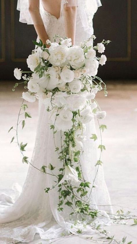 White Bouquets, Greenery Wedding Bouquet, Holding A Bouquet, Flowers Bride, Cascading Wedding Bouquets, Gubahan Bunga, Greenery Bouquet, Spring Wedding Bouquet, Bridal Bouquet Flowers