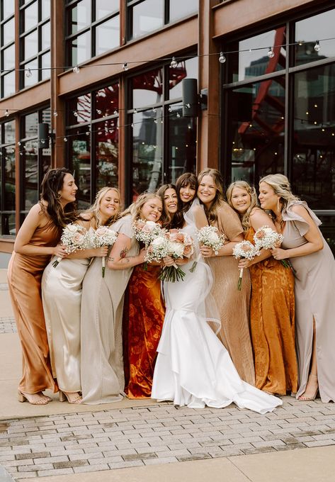 Mixed Neutrals and Burnt Orange Rust Bridesmaids Dresses for Modern Nashville Wedding | Baby's Breath Bouquets Burnt Orange Groomsmen Suits, Burnt Orange And Champagne Wedding, Bridesmaid Dresses Tan, Rust Bridesmaids, Orange Wedding Color Palette, Tan Bridesmaids, Tan Bridesmaid Dresses, Dark Purple Bridesmaid Dresses, Orchid Bridesmaid Dresses