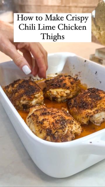 Jamie Tarence | Family Savvy | Southern lifestyle. on Instagram: "These Chili Lime Chicken Thighs could not be any simpler to make! Seriously, all it takes are 5 ingredients--THAT IS IT!🙌😉Here is how to make it: . . ✅TIP: You'll get the best result with bone-in chicken thighs with the skin on. 1️⃣Drizzle chicken thighs with good quality extra virgin olive oil 2️⃣Put kosher salt, pepper, and add either Trader Joe's chili lime seasoning or tajin seasoning 3️⃣Rub it in well on both sides of the t Tajin Chicken, Lime Chicken Thighs, Tajin Seasoning, Family Savvy, Lime Seasoning, Chili Lime Chicken, Bone In Chicken Thighs, Chili Lime Seasoning, Bone In Chicken