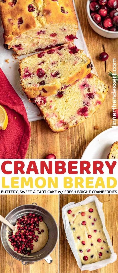 Cranberry Lemon Bread is a sweet, tart, buttery cake base with fresh cranberries and lemon juice added. It's so good it'll brighten your day! Cranberry Lemon Bread Recipes, Lemon Cranberry Scones, Lemon Cranberry Loaf, Cranberry Lemon Muffins, Fruit Loaves, Cranberry Quick Bread, Lemon Cranberry Muffins, Cranberry Loaf, Apple Dessert Recipes Easy