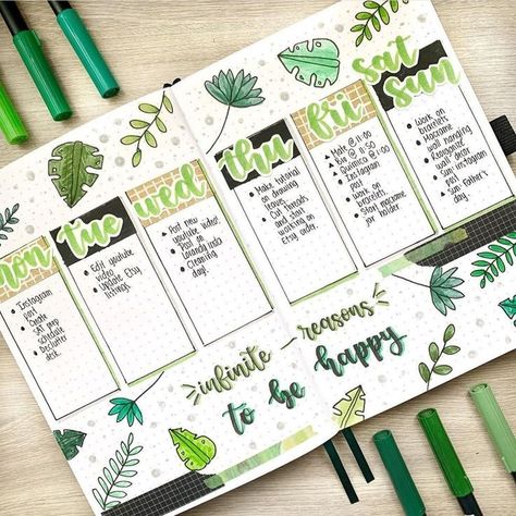 Nature Bullet Journal, Green Weekly Planner, Bullet Journal Work, March Bullet Journal, Journal Layouts, Creating A Bullet Journal, Bullet Journal Notes, Bullet Journal Paper, Bullet Journal Mood