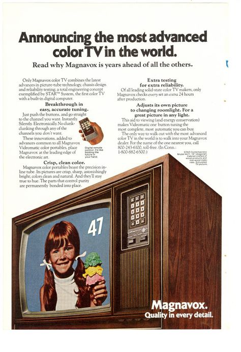 1975 Magnavox Television print ad decorative by AdsOfYesterday Old Tv Commercials, 1950s Tv Set, Vintage Tv Ads, 1950s Television, 1970s Television Set, Television Advertising, Tv Sets, Vintage Television, Tv Ads