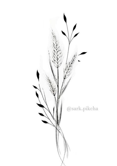 Female Tattoo Sleeve Classy, Western Collar Bone Tattoos For Women, Wild Flower And Wheat Tattoo, Wheat Bouquet Tattoo, Wheat Flower Tattoo, Wheat Stalk Tattoo, Pussywillow Tattoos, Forest Theme Tattoo, Reed Tattoo