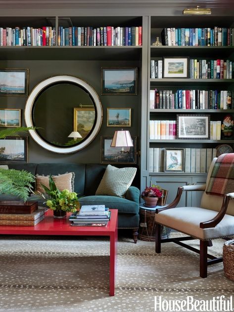 a perfect gray: sofa nook in a built-in bookcase. Love the colors, the carpet and the pop of red. Red Coffee Tables, Long Room, Casa Country, Decor Ikea, Home Library Design, Design Salon, Home Libraries, Built In Bookcase, Library Design