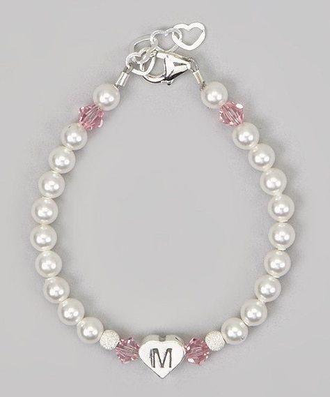 Pearl Heart, Pearl Pink, Initial Bracelet, Pink Crystal, White Pearl, Swarovski Crystal, Bracelet, Sterling Silver, Silver