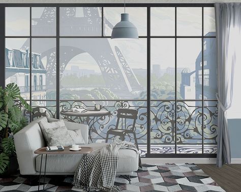 Wallpaper Window, Eiffel Tower Decorations, Window Mural, Fake Window, Paris Tour, Wallpaper Ceiling, Antique Wallpaper, Scenic Wallpaper, Unique Interior Design