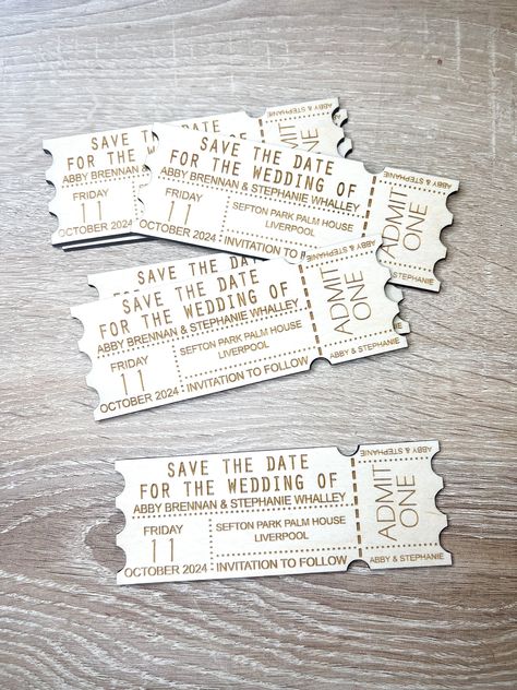 Laser Engraved Wedding Invitations, Unique Save The Date Ideas, Ticket Save The Date, Unique Wedding Save The Dates, Laser Engraved Wedding, Memory Table Wedding, Ticket Wedding Invitations, Wedding Plaques, Unique Save The Dates