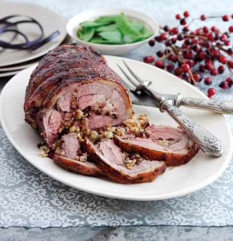 A truly seasonal glazed boneless lamb shoulder roast with festive ingredients in the stuffing like Stilton and cranberries. Great for entertaining with no bone, so will be easy to carve. Caerphilly Cheese, Lamb Shoulder Roast, Yoghurt Recipe, Lamb Dinner, Steamed Veggies, Pickled Cucumber, Lamb Shoulder, Lamb Dishes, Jamie Oliver Recipes