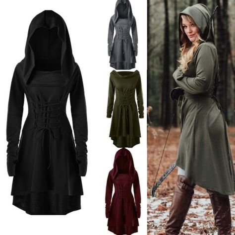 US $7.96 22％ Off | Medieval Women Archer Costume Long Sleeve Hooded Pixie Cosplay Dress Renaissance Femal Hunter Larp Robe Bandage Plus size s-4XL Plus Size Medieval Costume, Medieval Hooded Costume For Cosplay Events, Hooded Medieval Dress For Cosplay And Festivals, Medieval Long Sleeve Cosplay Costume, Pixie Cosplay, Long Hoodie Dress, Medieval Costume Women, Archer Costume, Viking Dress Woman Amazon.com