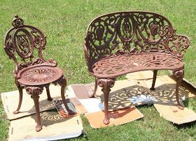 Tools Are For Women Too!: How To Paint Cast Iron Furniture Cast Iron Patio Furniture, Cast Iron Furniture, Cast Iron Garden Furniture, Wrought Iron Garden Furniture, Shabby Chic Patio, Cast Iron Garden Bench, Wrought Iron Bench, Cast Iron Bench, Grapes Leaves