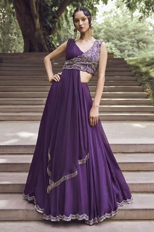 Shop for Charu and Vasundhara Purple Tussar Rupanzel Draped Jacket And Lehenga Set for Women Online at Aza Fashions Tissue Lehenga, Blouse Organza, Jacket Lehenga, Draped Jacket, Trendy Outfits Indian, Lehenga Designs Simple, Gaun Fashion, Traditional Indian Outfits, Indian Gowns Dresses