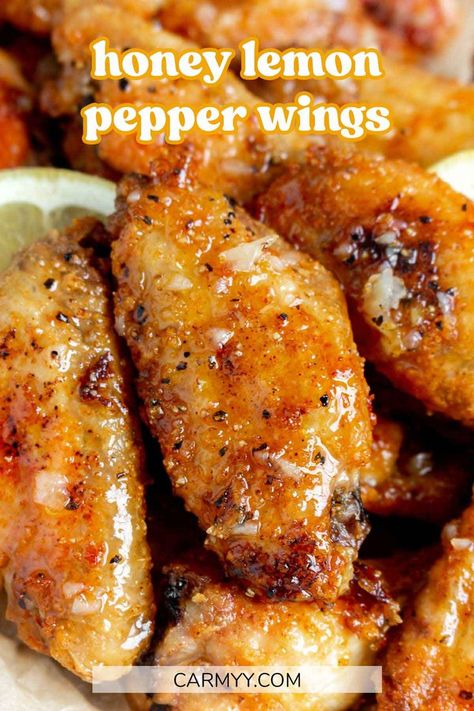 All you need are a few pantry staples to make these delicious honey lemon pepper wings. They’re so crispy on the outside, juicy on the inside, and coated in a sticky sweet and tangy sauce. These chicken wings are the perfect game-day appetizer or as an easy finger-licking dinner. Honey Lemon Pepper Wings, Wing Sauce Recipes, Garlic Chicken Wings, Lemon Pepper Wings, Chicken Wing Sauces, Sweet Chicken, Honey Lemon, Wing Recipes, Lemon Pepper