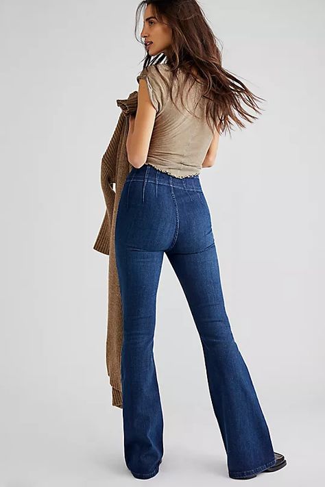 Jayde Flare Jeans | Free People Apricot Brandy, Sky Fit, Dark Wash Flare Jeans, Denim Short Dresses, All Jeans, Jean Trends, Flared Jeans, Wide Leg Denim, Basic Tees