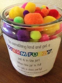 Don't you love that warm, fuzzy feeling?! The jar says: Do something kind and get a warm fuzzy. Put it in the jar. When the jar is full you get a class party! Warm Fuzzy Jar, Aba Activities, Kindness Ideas, Teaching Classroom Management, Class Dojo, Recreation Therapy, Classroom Behavior Management, Classroom Organisation, Preschool Class