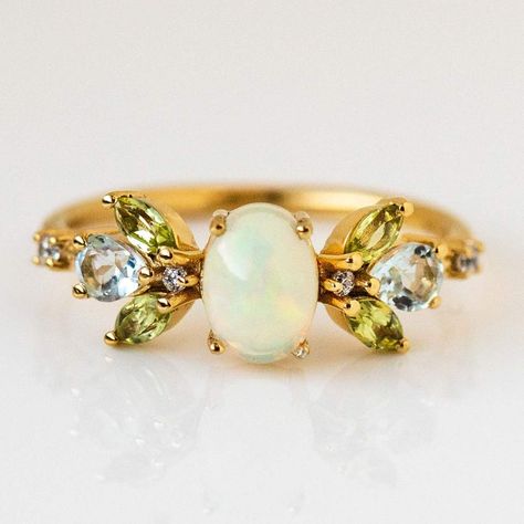 Wings of Vela Ring with Opal & Peridot Gold Opal Engagement Ring, خواتم خطوبة, Elizabeth Stone, Peridot Engagement Rings, Local Eclectic, Unique Diamond Rings, Cluster Engagement Ring, Peridot Ring, Vermeil Jewelry