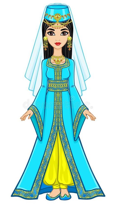 Retrato de la princesa árabe de la animación en traje antiguo ilustración del vector Paper Doll Dress, Dark Dress, Fashion Illustration Sketches Dresses, Sketches Dresses, Fashion Illustration Sketches, Cute Doodles Drawings, Embroidery Blouse Designs, Illustration Sketches, Folk Costume