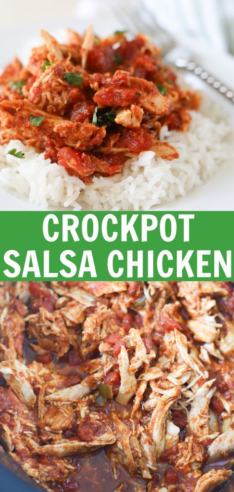 Crockpot Salsa Chicken - easy 3 ingredient dinner recipe! Chicken cooked in taco seasoning and salsa until it's so tender it falls apart! Use it for burrito bowls, tacos, burritos, anything! Chicken Salsa Rice Crockpot, Slow Cooker Chicken And Salsa, Chicken Taco Seasoning Crockpot, Crockpot Salsa Chicken Recipes, Crockpot Chicken Tacos With Salsa, Chicken Bowls Crockpot, Crockpot Chicken Tacos 3 Ingredient, Chicken Burrito Crockpot, Chicken And Salsa Crockpot