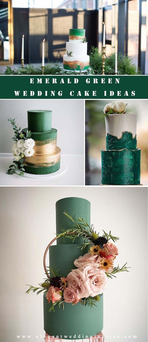 Wedding Cake Green Gold, Dark Green Wedding Cakes, Green Wedding Theme Ideas, Emerald Wedding Cake, Wedding Cake Emerald Green, Green Wedding Theme, Hunter Green Wedding, White And Gold Wedding Cake, Green Wedding Decorations