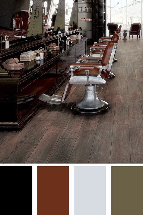 a dark wood effect floor for this urban barber Barbershop Color Palette, Barber Shop Color Palette, Hair Salon Quotes, Brand Moodboard, Salon Quotes, Pallet Designs, Color Pallete, Color Board, Color Reference