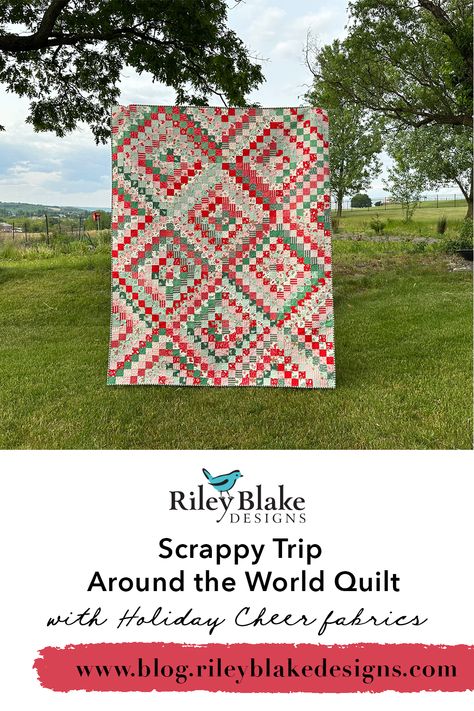 Who doesn't love a trip around the world quilt?! @jessicadayon is sharing a tutorial for her Holiday Cheer Scrappy Quilt Around the World quilt on the blog! Visit the post at the link below for the video link and all the details about Jessica's quilt❤️ Shop this collection by @mymindseyeinc at your favorite local or online retailer! Quilt Around The World Pattern, Trip Around The World Quilt Ideas, Scrappy Trip Around The World Quilt Pattern Free, Round The World Quilt Pattern, Around The World Quilt Pattern Free, Trip Around The World Quilt Pattern, Scrappy Trip Around The World Quilt, Scrappy Christmas Quilts, Trip Around The World Quilt Pattern Free