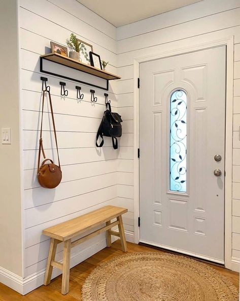 Small Entryway With Stairs Entrance, Small Entry Way Benches, Foyer Small Entryway, Doorway Ideas Entrance, Small Simple Entryway Ideas, Small House Entryway Ideas, Small Doorway Entry Decor Ideas, Drop Station Entryway, Angled Entryway