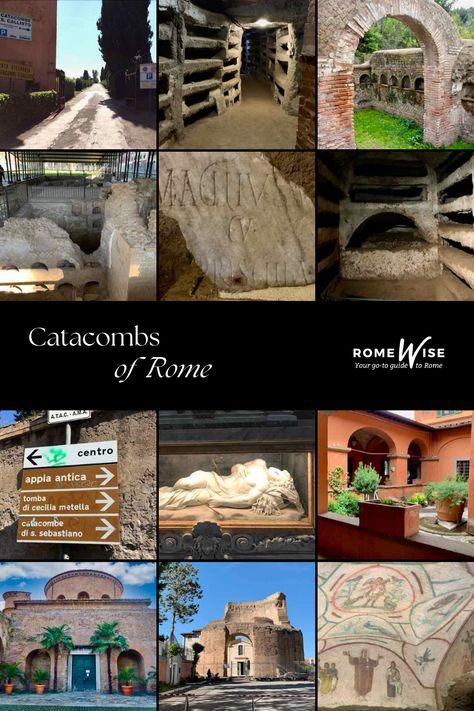 Are you planning a trip to Rome and curious about the Catacombs? Wonder what they are, how to visit them, and what's inside? Then read on for all the details! Catacombs Rome Italy, Roman Catacombs, Catacombs Of Rome, Ancient Rome Aqueducts, Palermo Catacombs, Rome Catacombs, Colosseum Architecture Plate, Appian Way, Trip To Rome