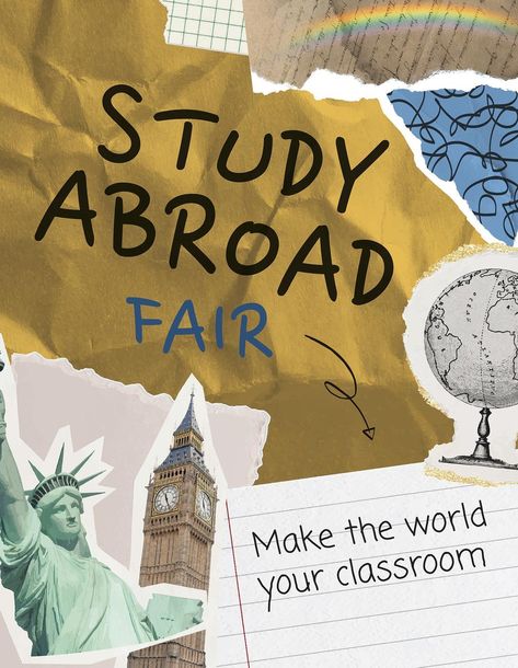 Study abroad flyer template, paper collage design vector | premium image by rawpixel.com / Minty Study Abroad Template, Study Posters Student, Study In Abroad Poster Design, Collage Flyer Design, Study Abroad Poster, Collage Flyer, Geography Poster, Class Poster Design, Student Exchange